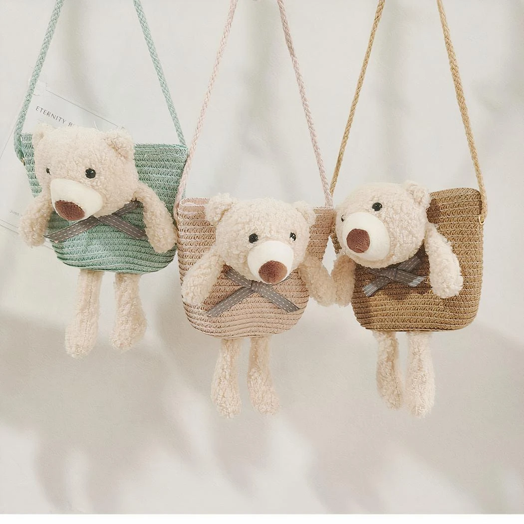 Sac à Bandoulière En Paille Colorée Avec Ourson – Image 3