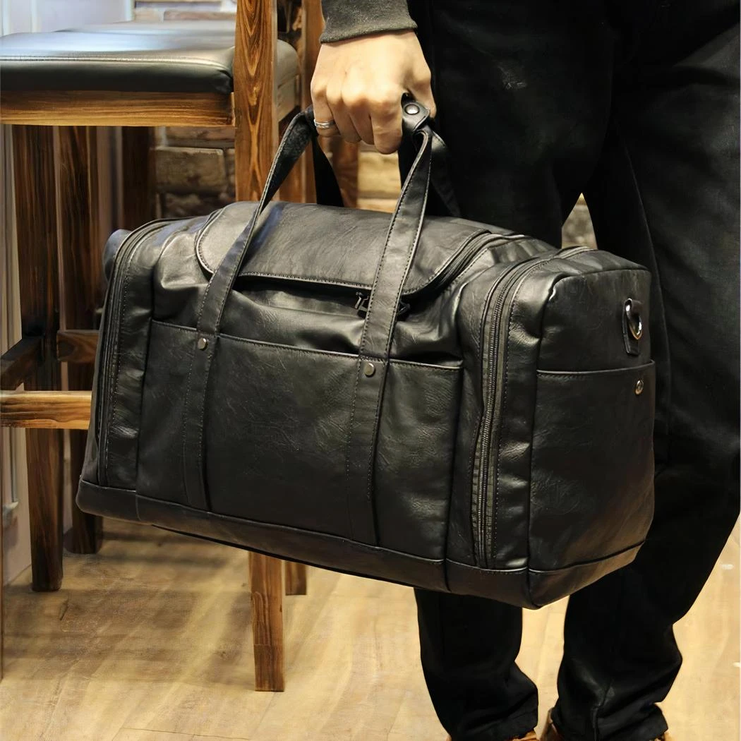 Grand Sac De Voyage Multipoche En Cuir Végan Noir – Image 11