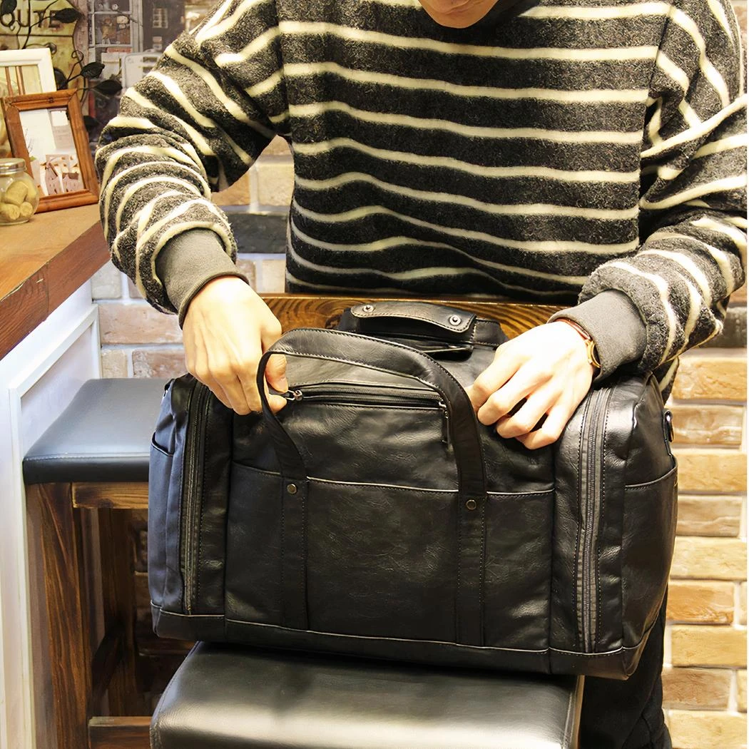 Grand Sac De Voyage Multipoche En Cuir Végan Noir – Image 12