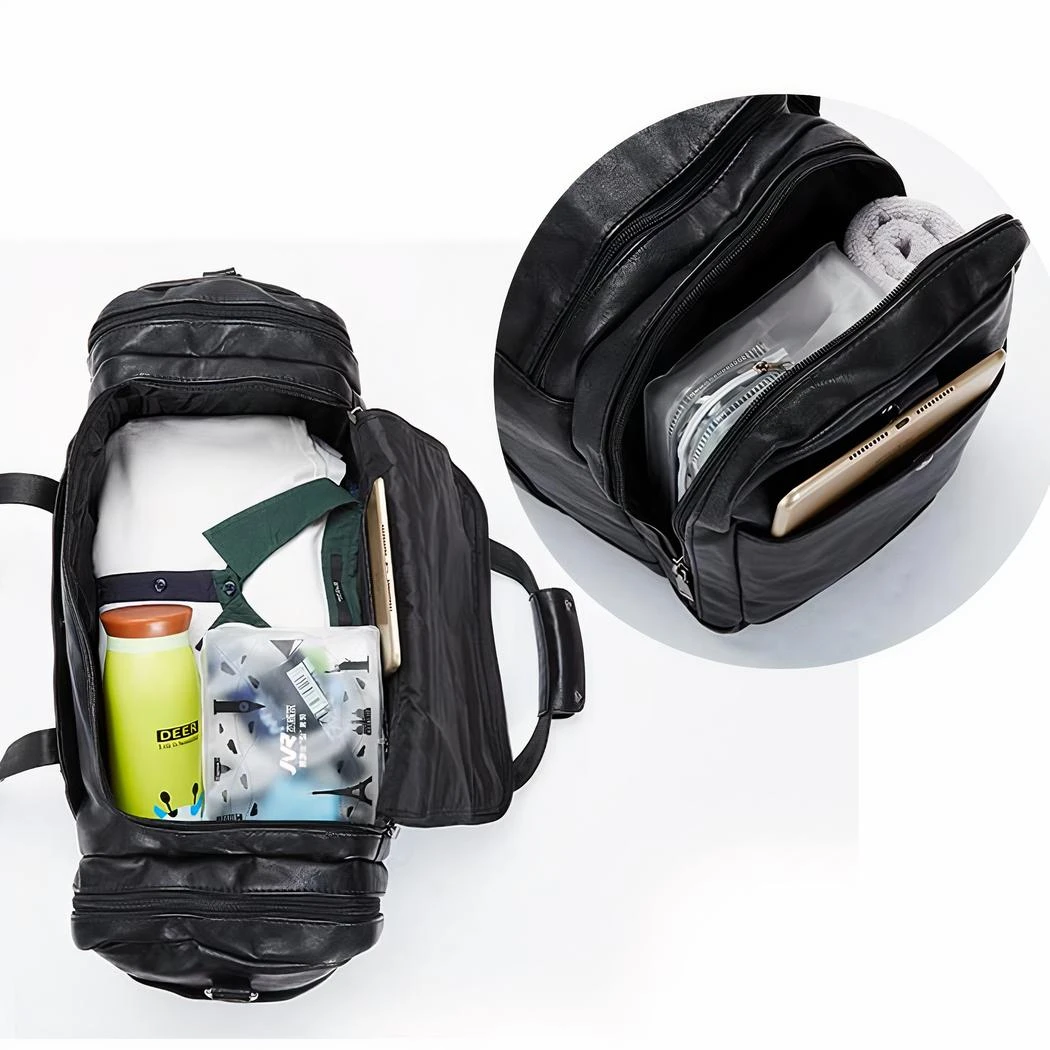 Grand Sac De Voyage Multipoche En Cuir Végan Noir – Image 6