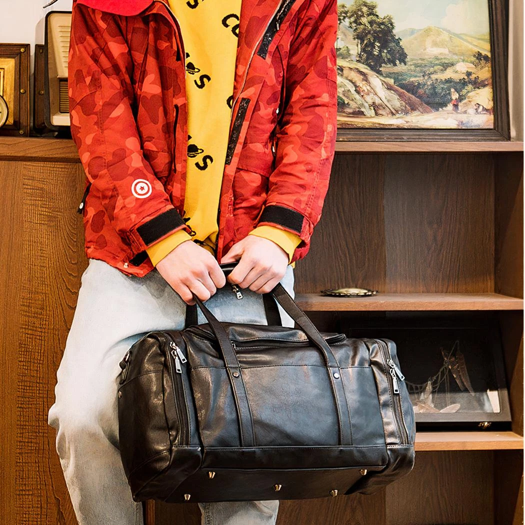 Grand Sac De Voyage Multipoche En Cuir Végan Noir – Image 9